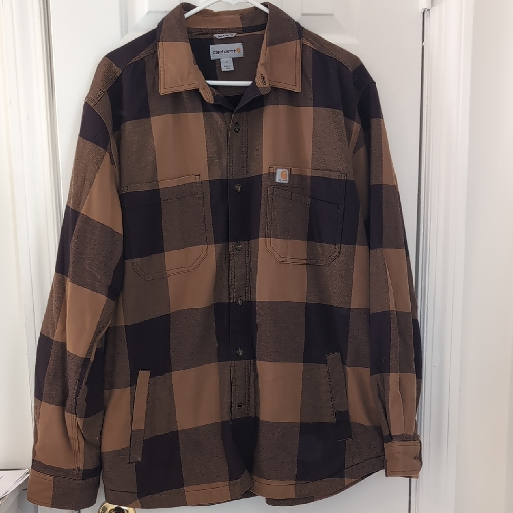 Carhartt Men's Tan and Black Checkered Shirt Jacket